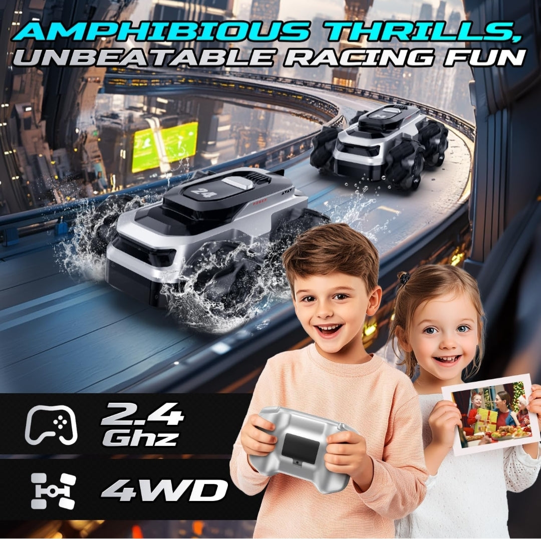 Amphibious RC Stunt Car: 4WD Waterproof Remote Control Truck with 360° Spins, All-Terrain Dual Tires, & 2 Rechargeable Batteries – 1:64 Scale Gift for Kids